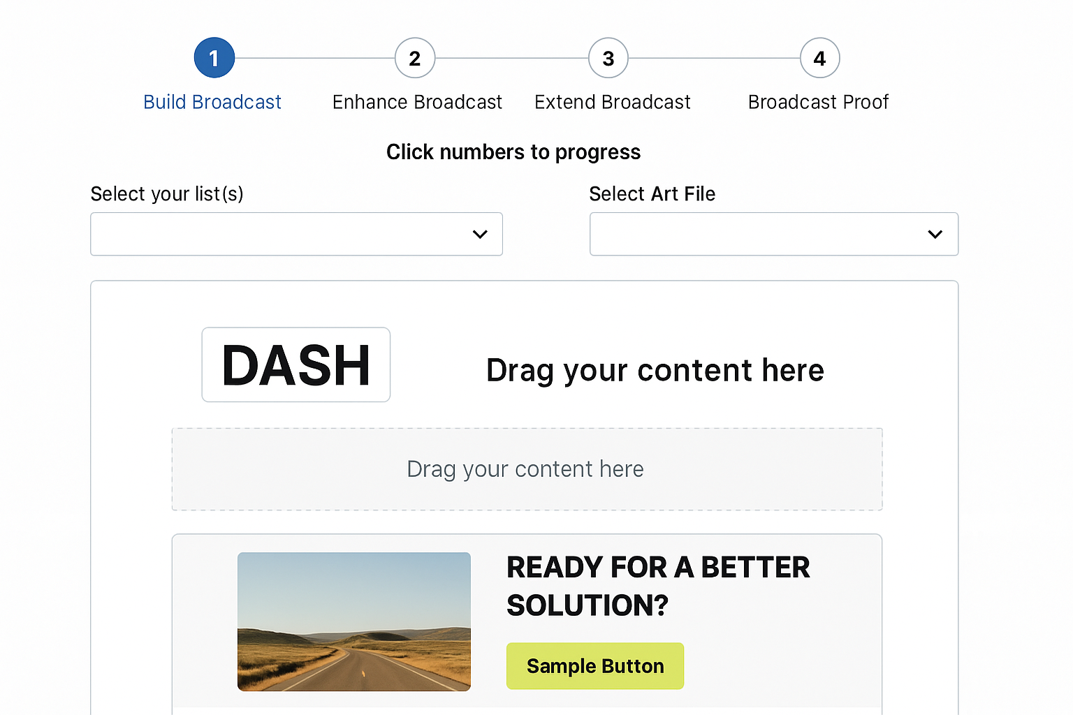 DASH email builder UI with drag-and-drop content blocks and preview window